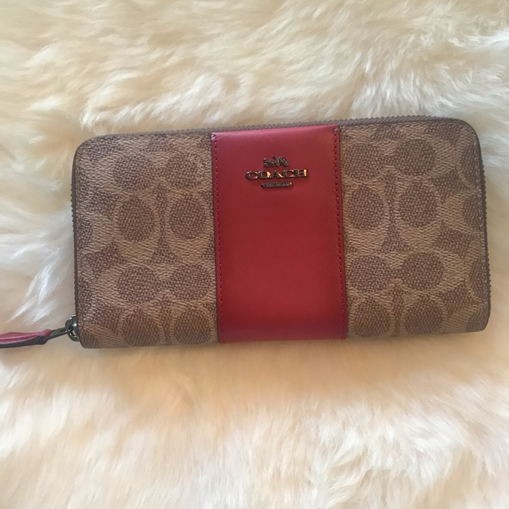 Coach Signature Canvas Zip Wallet with Red Leather Center